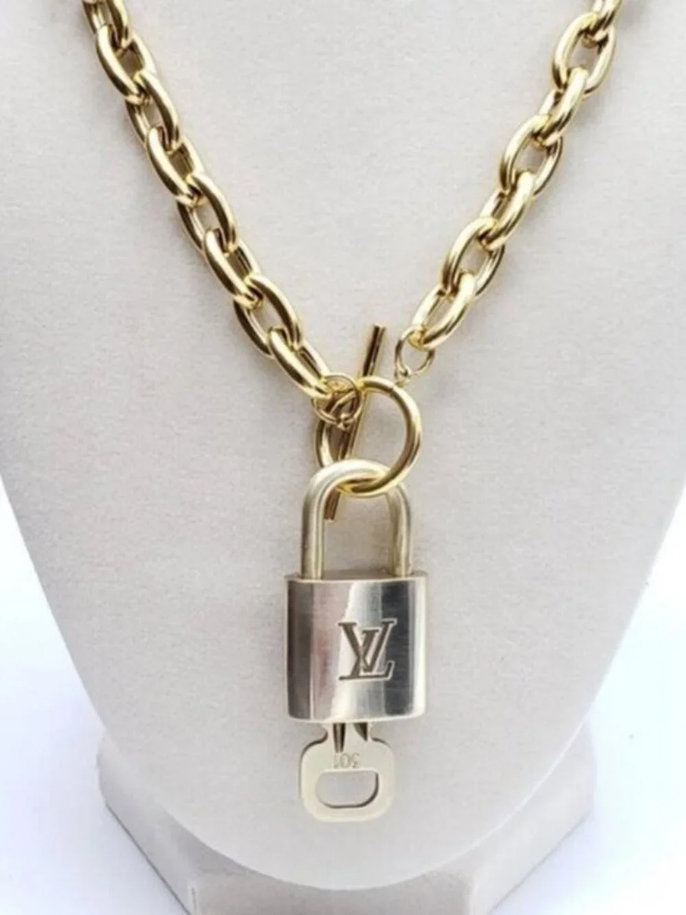 Authentic Louis Vuitton Gold Padlock w/Unbranded Stainless Steel Chain Necklace